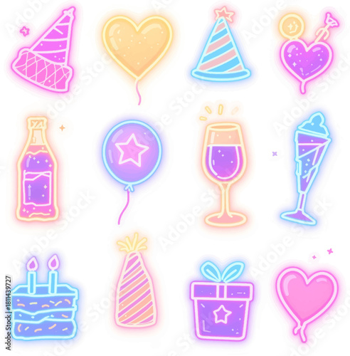 Neon party icons with glowing drinks, balloons, and gifts. Bright neon celebration elements for vibrant digital art. Glowing party symbols perfect for modern festive designs