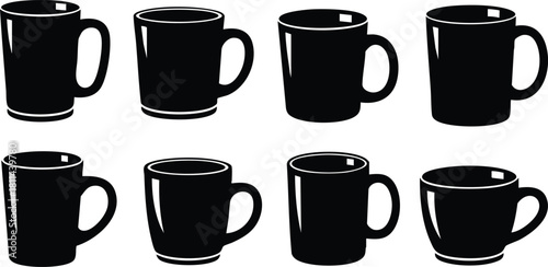Set of black coffee mugs with handles in simple silhouette style isolated on white background