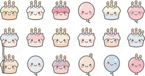 Soft pastel cakes and balloons in simple kawaii style. Minimal cute cake icons for gentle birthday themes. Sweet softly colored cakes perfect for party designs