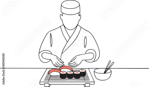 Continuous single line drawing of a sushi chef slicing fish with sushi rolls and chopsticks in a clean minimalist culinary outline vector illustration