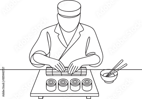 Continuous single line drawing of a sushi chef slicing fish with sushi rolls and chopsticks in a clean minimalist culinary outline vector illustration