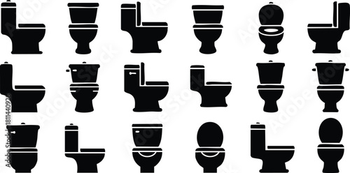 Various toilet icons collection in black silhouette style for bathroom and plumbing design concepts