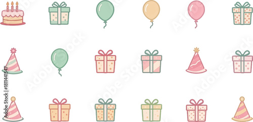 Soft colored birthday icons with gifts, balloons, and hats. Gentle pastel celebration clipart for sweet party themes. Pastel party elements featuring gifts, balloons, and hats
