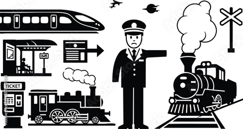 Vintage steam train conductor signaling with classic locomotive and high-speed train icons in black silhouette style