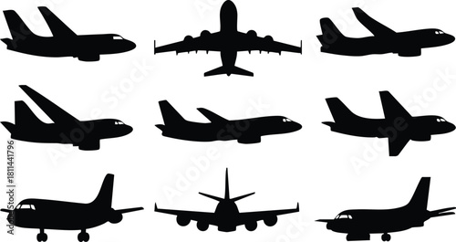 Black airplane silhouettes in various positions and angles isolated on white background for design and aviation purposes