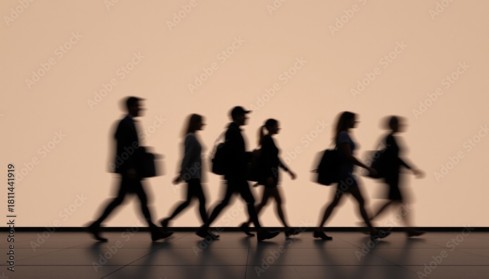 Fototapeta premium Blurred Silhouettes of People Walking in Minimalist White Space with Motion Blur Effect, Representing Modern Life, Isolation