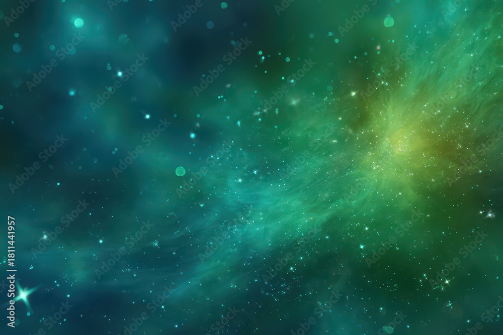 Naklejka premium Surreal space illustration featuring luminous green stars and cosmic dust
