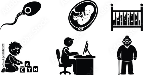Human life stages icons from sperm to elderly person in black silhouette style