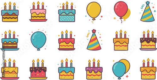 Colorful birthday icons with cakes, balloons, and party hats. Fun festive clipart featuring bright cakes and balloons. Vibrant birthday elements for cheerful celebration art