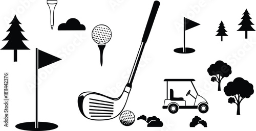Golf equipment and course elements including club, ball, tee, flag, cart, and trees vector icons set