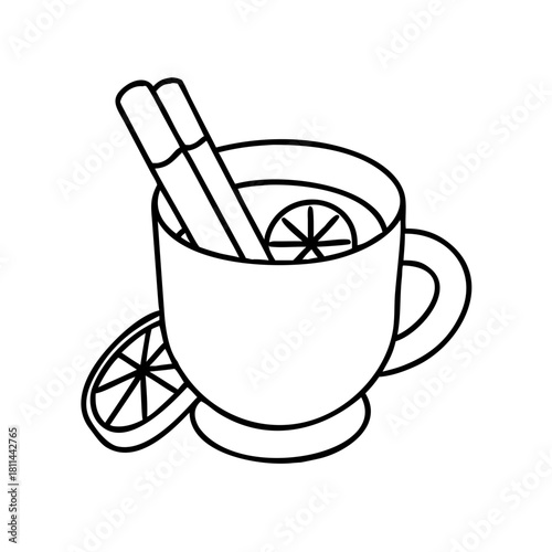 Mulled wine in a mug with cinnamon sticks isolated on