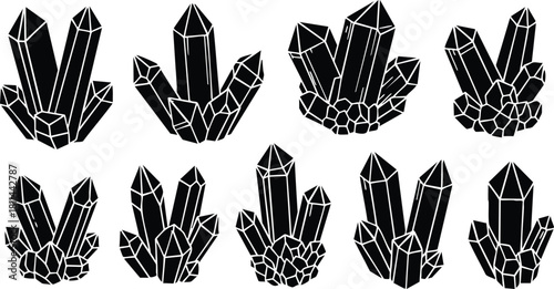 Black crystal cluster icons set with geometric outline style for design and decoration use in digital projects