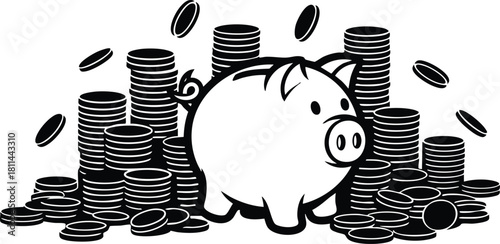 Piggy bank with stacks of coins and falling money savings concept illustration