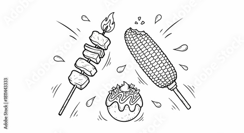 Delicious Grilled Food Selection Skewered Meats, Takoyaki, and Grilled Corn on the Cob for Culinary Delights