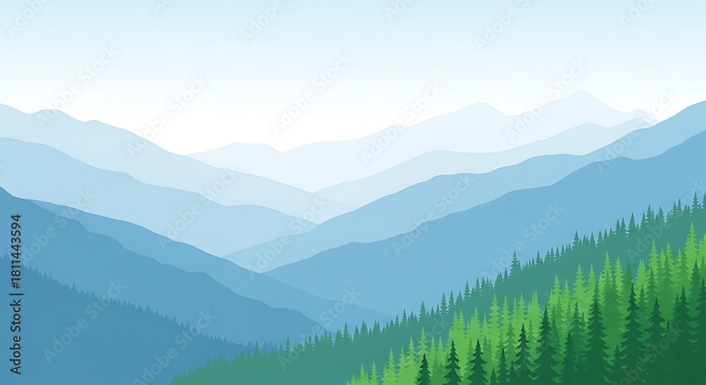 Obraz premium Layered blue mountain range with green forest valley landscape