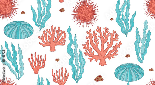 Detailed Hand-Drawn Seamless Marine Pattern Featuring Vibrant Seaweed, Coral Branches, and Sea Urchins, Creating a Beautiful Underwater Ocean Life Background Illustration.