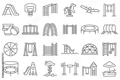 Children playground icon vector set. Icon for kids playing on swings, slides, rockers, and see-saws vector set. Play area for kids sign, symbol, logo,  design. Vector illustration.