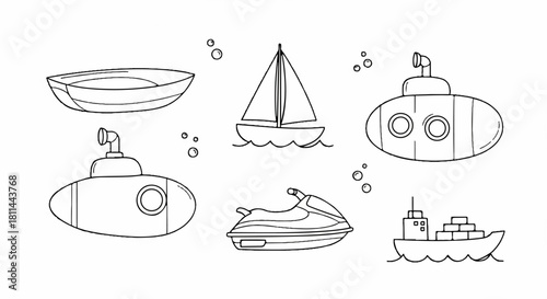 Transportation Illustration Sailboats, Submarines, and Various Watercraft in Minimalist Black and White Designs
