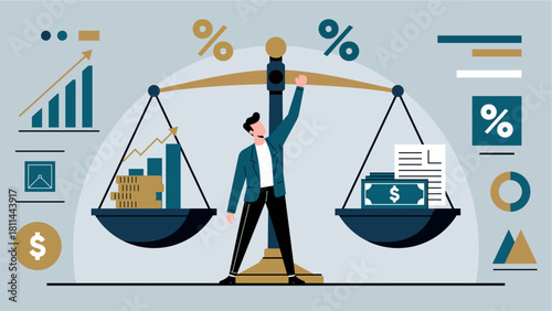 Business Professional Lifting Financial Balance Scale in Modern Flat Design