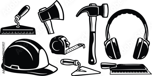 Construction tools and safety equipment set with hammer, helmet, tape measure, headphones, and trowel illustration collection