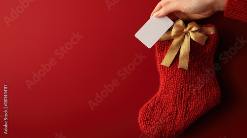 A realistic close-up of a red knitted Christmas stocking with a golden ribbon on a soft festive red background. A human hand is gently sliding a plain white plastic credit card halfway into the stocki