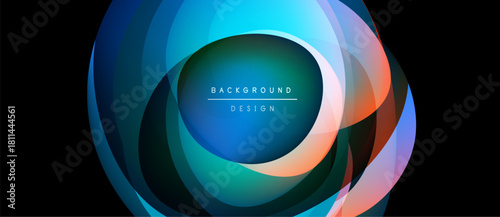 Abstract layers create dynamic circular design. Vibrant blues, oranges, purples blend seamlessly. Modern background element for projects.