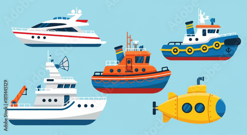 Collection of various watercrafts including yachts, boats, tugboats, and submarines for marine transportation and recreation