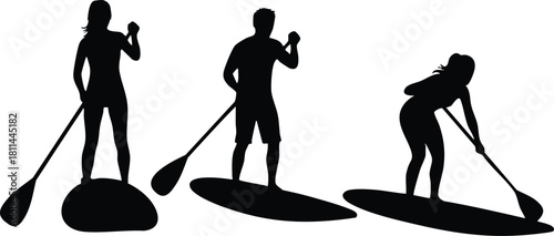 Silhouettes of People Paddleboarding on Water in Outdoor Recreation Activity