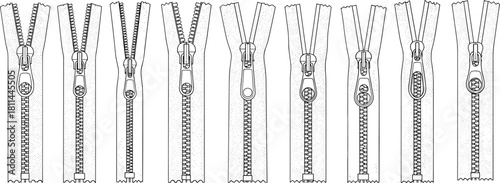 Set of ten detailed zipper illustrations showcasing various slider styles, pull tab designs, and teeth configurations for fashion and manufacturing use.