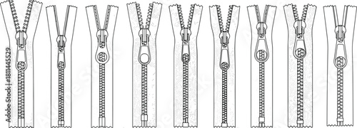 Set of technical zipper illustrations showing diverse slider, pull tab, and teeth designs for fashion, gear, luggage, and textile applications.