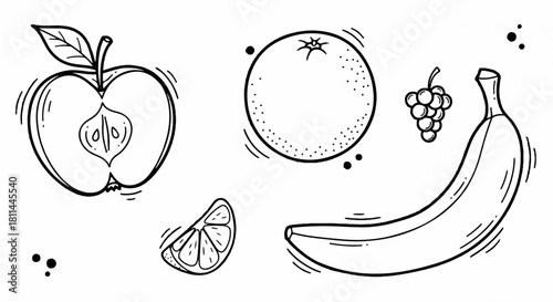 Fresh Fruits Line Art Apple, Orange, Grapes, Lemon, Banana