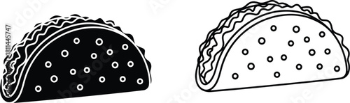 Detailed Taco Vector Icon and Silhouette Illustration Set for Mexican Food, Restaurant Menu, Takeaway, and Fast Food Graphics.