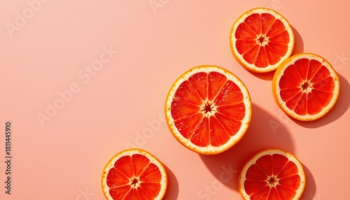 A fresh summer concept image featuring a grapefruit with juicy grapefruit slices on a colored background in a top down view