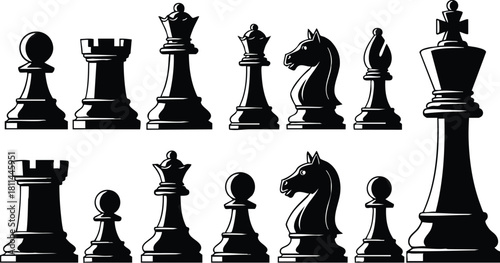 Black chess pieces set with pawns knights bishops rooks queen and king in classic design isolated on white background