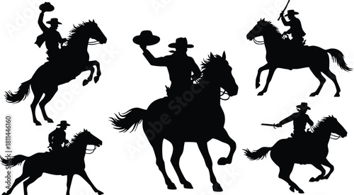 Cowboy silhouettes riding horses with hats and guns in wild west action scenes