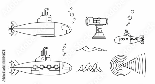 Submarine Underwater Exploration Nautical Adventure Vector Icons