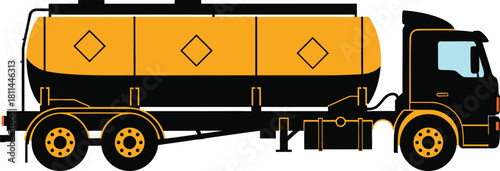 Black and yellow tanker truck isolated on white background