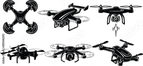 Various drone models with cameras and delivery features in black and white line art illustrations