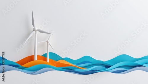 A visually striking image featuring 3D paper cut wind turbines and ocean waves on a white background