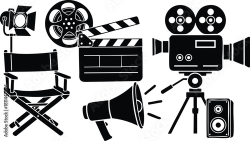 Classic movie production equipment including director chair clapperboard vintage film camera and megaphone in black silhouette style