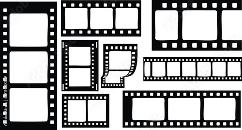 Various black and white film strip frames and reels vector illustration in different shapes and sizes for design use