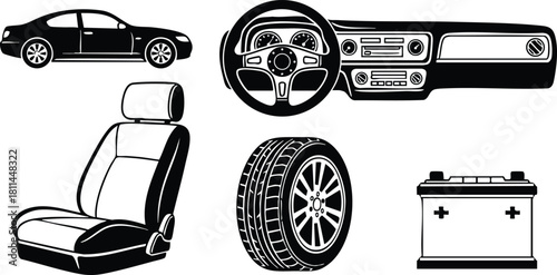 Car parts set with steering wheel, tire, battery, seat, and side view sedan vehicle isolated on white background