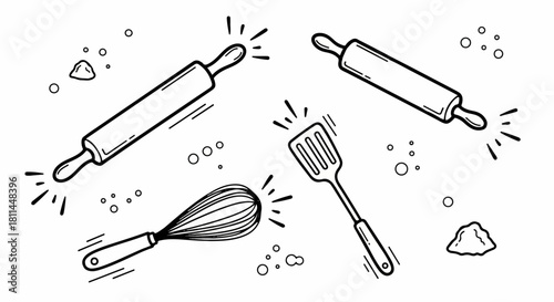 Rolling Pin and Kitchen Utensils in Line Art Style