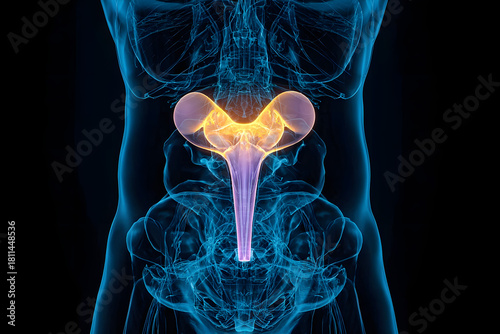 X-ray anterior or front view of the prostate 3D rendering illustration with male body contours. Human anatomy, organ of reproductive system, medical, biology, science, healthcare concepts.