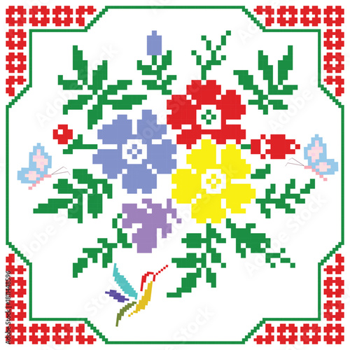 Floral patterns in geometric shapes are designed for decorating backgrounds, ceramic tiles, pillowcases, and fabrics.