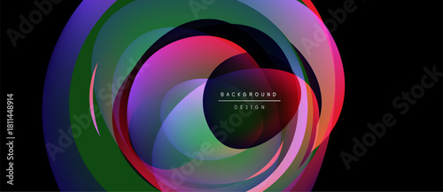 Abstract layers create dynamic circular form. Vibrant colors blend, forming modern background design. Minimalist text adds subtle detail.