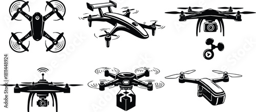 Drone silhouettes with various models including delivery and camera drones in black vector style illustration