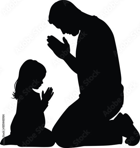 Silhouette of adult and child praying together in kneeling position, symbolizing faith, guidance, spirituality, family bond, and devotion.