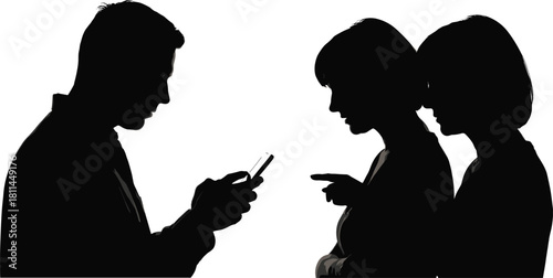 Silhouette of people confronting smartphone user, digital addiction, social tension, communication overload, modern technology conflict, black vector illustration