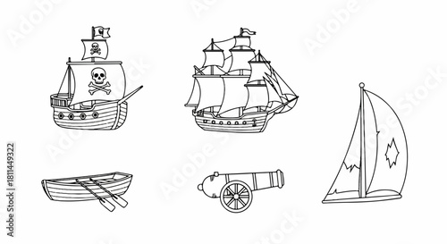 Hand-drawn line art illustrations of classic nautical elements pirate ship, sailing vessel, sailboat, rowboat, and cannon. Perfect for marine and historical designs